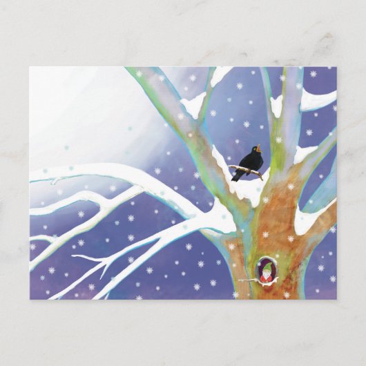 Winter Sprookje - Zingende Merel en een kabouter Briefkaart (Voorkant)