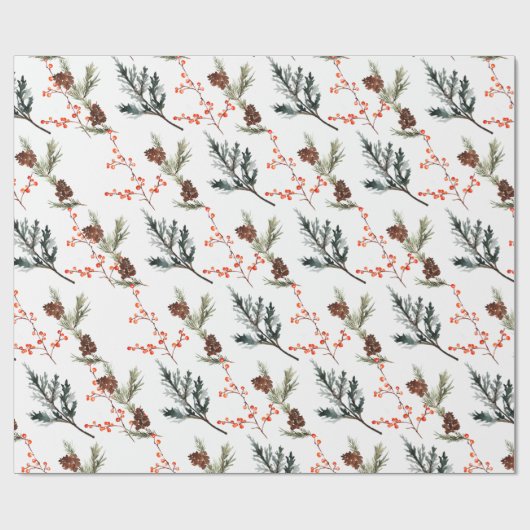 Winter Spruce Pine Branch Cones Red Ilex Berries Cadeaupapier (Vlak)