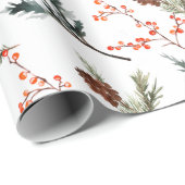 Winter Spruce Pine Branch Cones Red Ilex Berries Cadeaupapier (Rol Hoek)