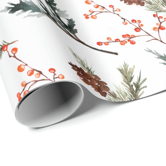 Winter Spruce Pine Branch Cones Red Ilex Berries Cadeaupapier (Rol Hoek)
