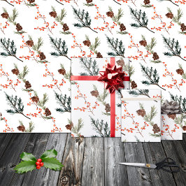Winter Spruce Pine Branch Cones Red Ilex Berries Cadeaupapier