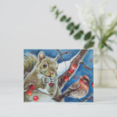 Winter Squirrel Finch Bird Berries Waterverf Art Briefkaart (Staand voorkant)