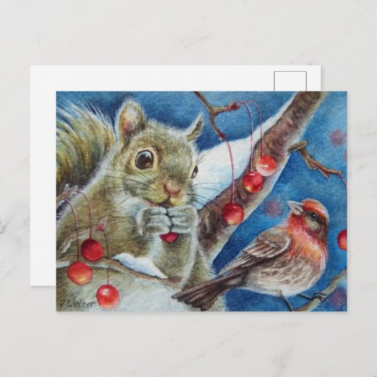 Winter Squirrel Finch Bird Berries Waterverf Art Briefkaart (Voorkant / Achterkant)