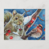 Winter Squirrel Finch Bird Berries Waterverf Art Briefkaart (Voorkant)