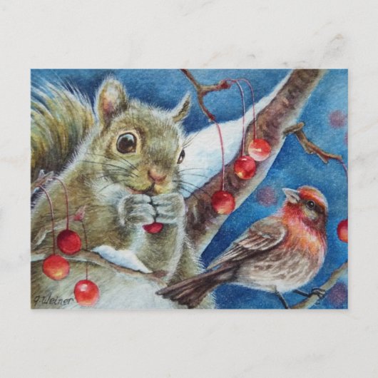 Winter Squirrel Finch Bird Berries Waterverf Art Briefkaart (Voorkant)