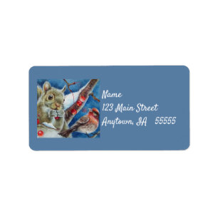 Winter Squirrel Finch Bird Berries Waterverf Art Etiket