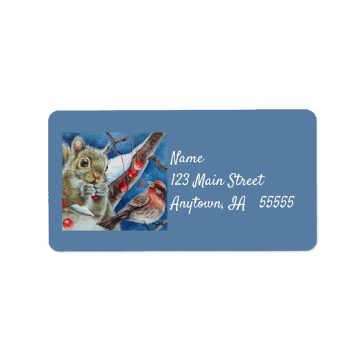 Winter Squirrel Finch Bird Berries Waterverf Art Etiket (Voorkant)