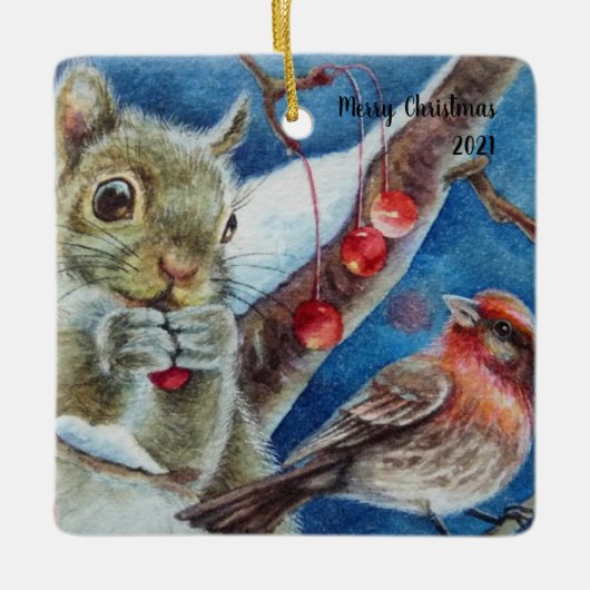 Winter Squirrel Finch Bird Berries Waterverf Art Keramisch Ornament (Voorkant)