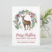 Winter Stag Holly Wreath Kerstmis Feestdagenkaart (Staand voorkant)