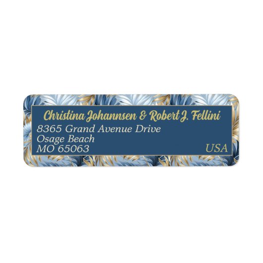 Winter stijl elegante blauwe fauxgolden bladeren o etiket (Voorkant)