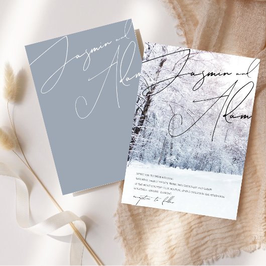 Winter Stofblauwe Bosland Script Bruiloft Kaart