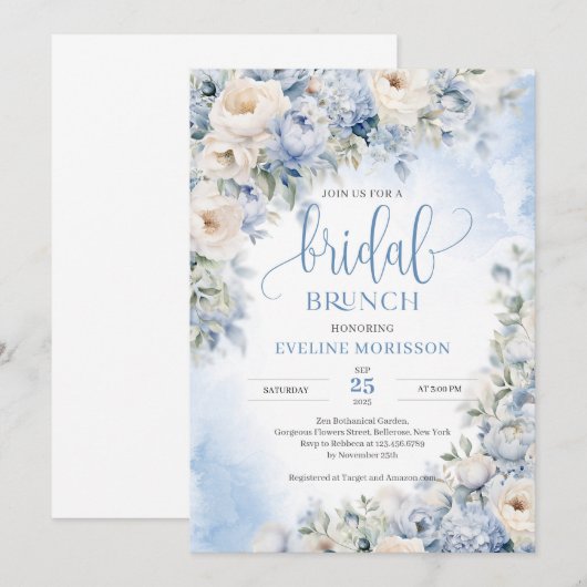 Winter Stoffig Blauw en Ivoor Bloemen Bruidsbrunch Kaart (Voorkant / Achterkant)