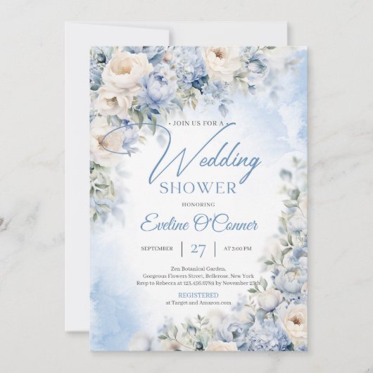 Winter Stoffig Blauw en Ivoor Bloemen Trouwdouche Kaart (Voorkant)