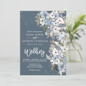 Winter stoffige blauwe bloemensneeuw bruiloft kaart (Staand voorkant)