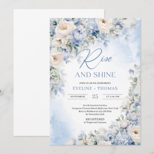 Winter stoffige blauwe en ivoren bloemen stijgen e kaart (Voorkant / Achterkant)