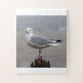 Winter Storm Zeemeeuw Vogel Op Houten Paal Legpuzzel