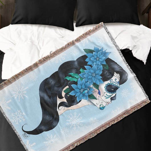 Winter Suiker Schedel Blauwe Sneeuwvlokken Deken