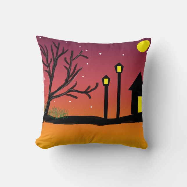 Winter Sunset Street met sneeuw en silhouetten Kussen (Voorkant)