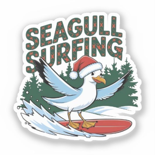 Winter Surfer Zeemeeuw, Vrolijk Kerstmeeuw Sticker (Voorkant)