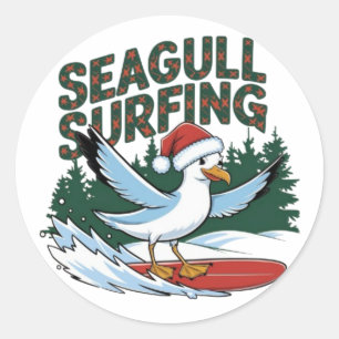 Winter Surfer Zeemeeuw, Zeemeeuw Prettig Kerstfees Ronde Sticker