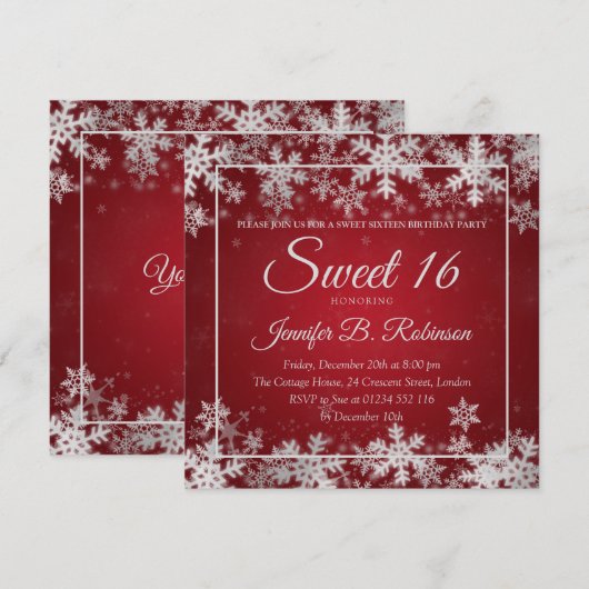 Winter Sweet 16 Birthday Red Silver Snowflakes Kaart (Voorkant / Achterkant)