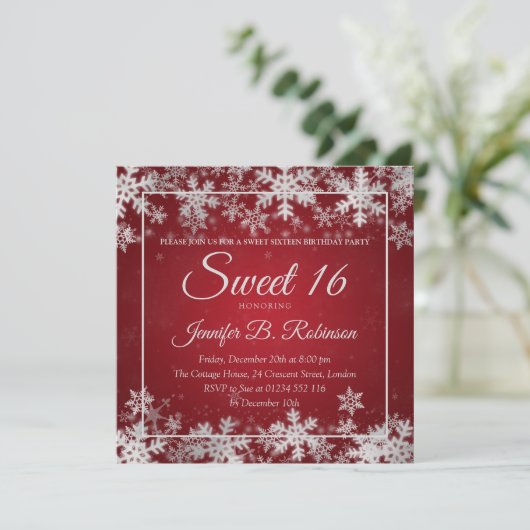 Winter Sweet 16 Birthday Red Silver Snowflakes Kaart (Staand voorkant)