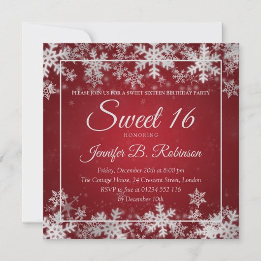 Winter Sweet 16 Birthday Red Silver Snowflakes Kaart (Voorkant)