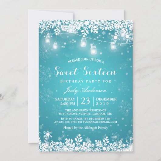 Winter Sweet 16 Zestien Turquoise Snowflake Lights Kaart (Voorkant)