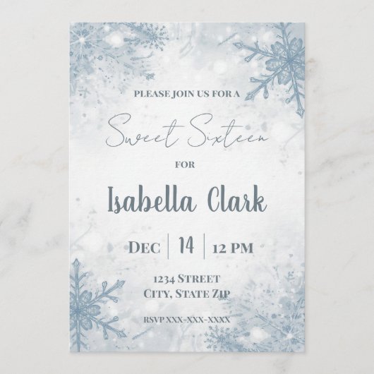 Winter Sweet Sixteen Invitation – Soft Snowflakes Kaart (Voorkant)