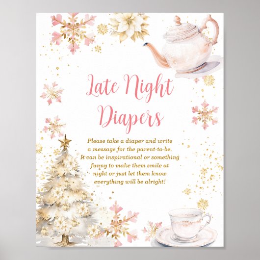 Winter Tea Party Baby Shower Late Night Diapers Poster (Voorkant)