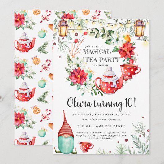 Winter Tea Party Birthday Invitation (Voorkant / Achterkant)