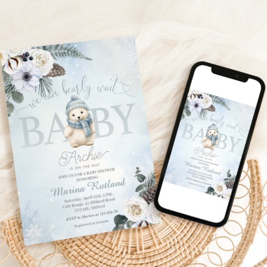 Winter Teddy Bear Boy Baby shower Kaart
