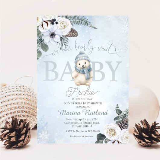 Winter Teddy Bear Boy Baby shower Kaart