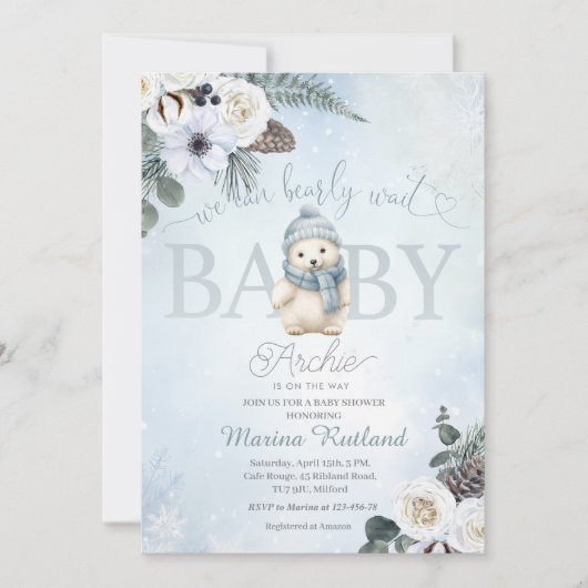 Winter Teddy Bear Boy Baby shower Kaart (Voorkant)