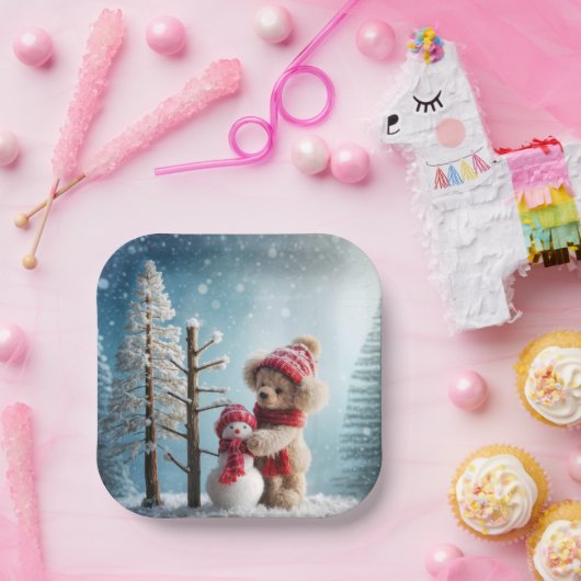 Winter Teddy Bear en Sneeuwman Papieren Bordje (Feest)
