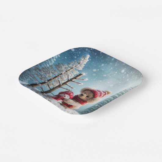 Winter Teddy Bear en Sneeuwman Papieren Bordje (Gebogen)