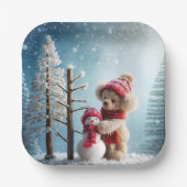 Winter Teddy Bear en Sneeuwman Papieren Bordje (Voorkant)