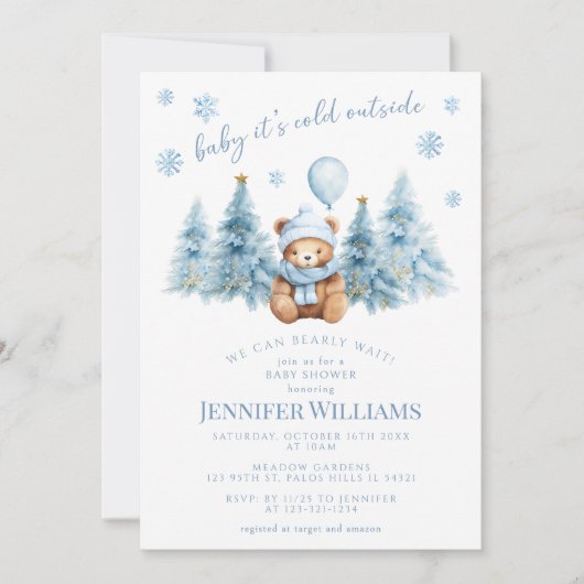 Winter Teddy Bear Pine Trees Baby Boy Shower Kaart (Voorkant)
