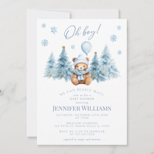 Winter Teddy Bear Pine Trees Oh Boy Baby shower Kaart (Voorkant)