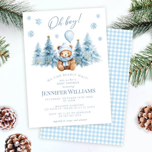 Winter Teddy Bear Pine Trees Oh Boy Baby shower Kaart