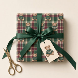 Winter Teddy Bear Ski Lodge Bourgondische Strik Cadeaupapier