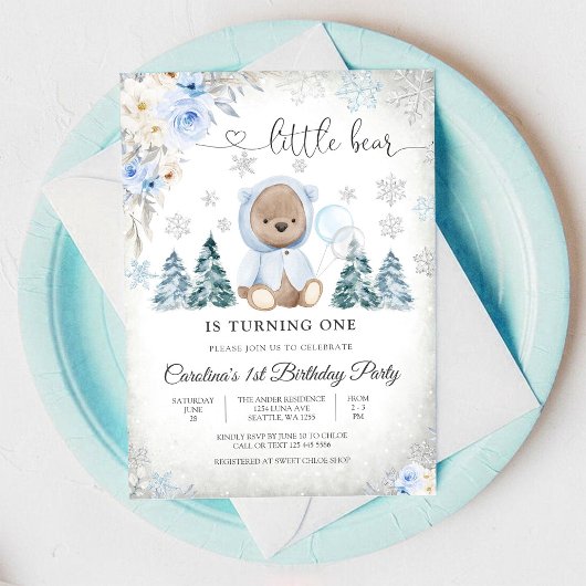 Winter Teddybeer 1e verjaardagsuitnodiging Kaart