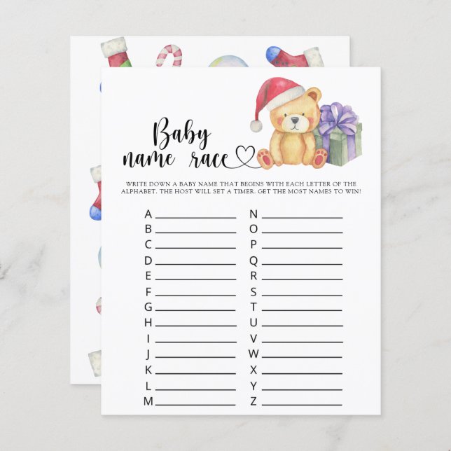 Winter teddybeer - Baby naam race spel (Voorkant / Achterkant)