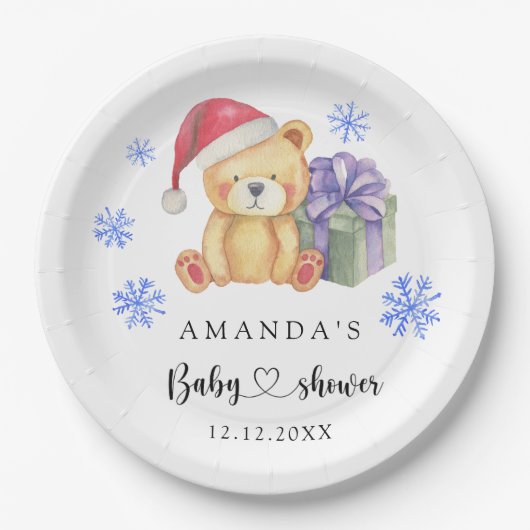 Winter teddybeer Baby shower Papieren Bordje (Voorkant)
