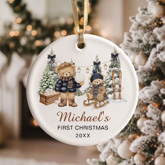 Winter Teddybeer Baby's Eerste Kerstmis Keramisch Ornament