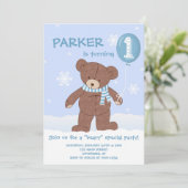 Winter Teddybeer ballon 1e verjaardag uitnodiging (Staand voorkant)