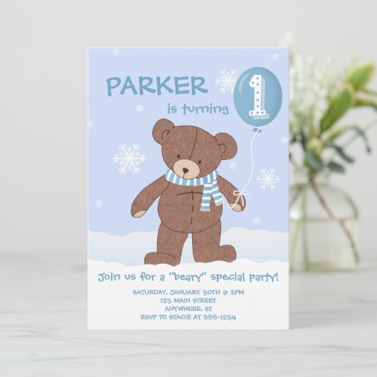 Winter Teddybeer ballon 1e verjaardag uitnodiging (Staand voorkant)