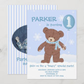 Winter Teddybeer ballon 1e verjaardag uitnodiging (Voorkant / Achterkant)