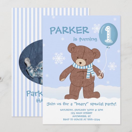 Winter Teddybeer ballon 1e verjaardag uitnodiging (Voorkant / Achterkant)
