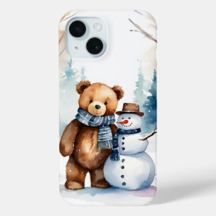 Winter Teddybeer en sneeuwman iPhone 15 Case